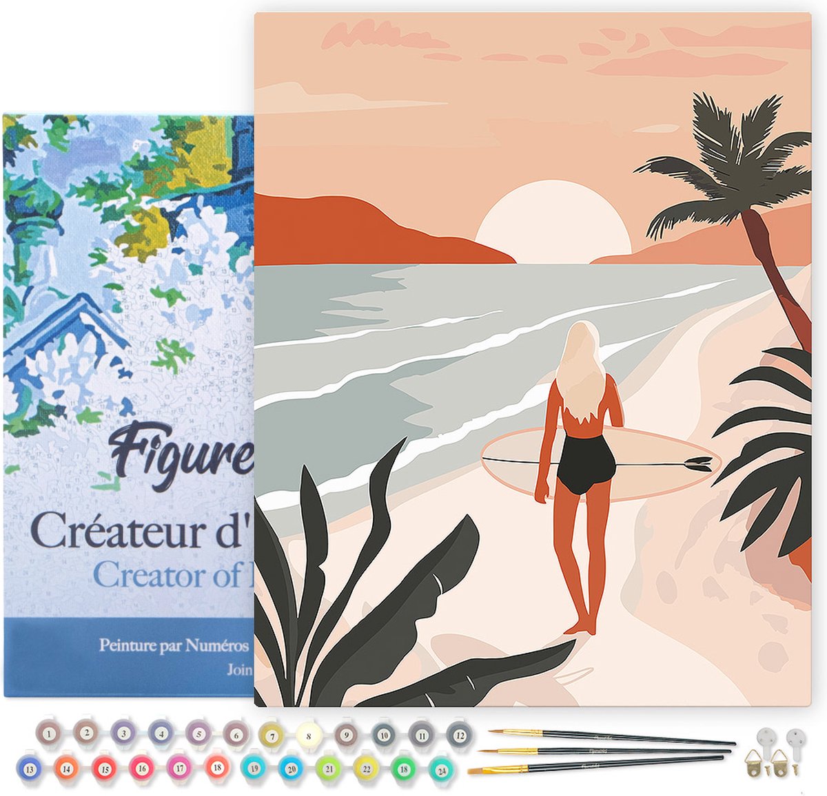 FiguredArt Schilderen op Nummer Volwassenen met lijst Strandwandeling bij zonsondergang- Handwerk acrylverf Kit DIY Compleet - 40x50cm Canvas al ingelijst